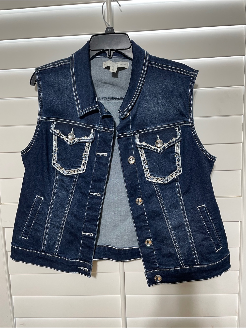 Dark Blue Denim Vest with Decorative Pockets - Women